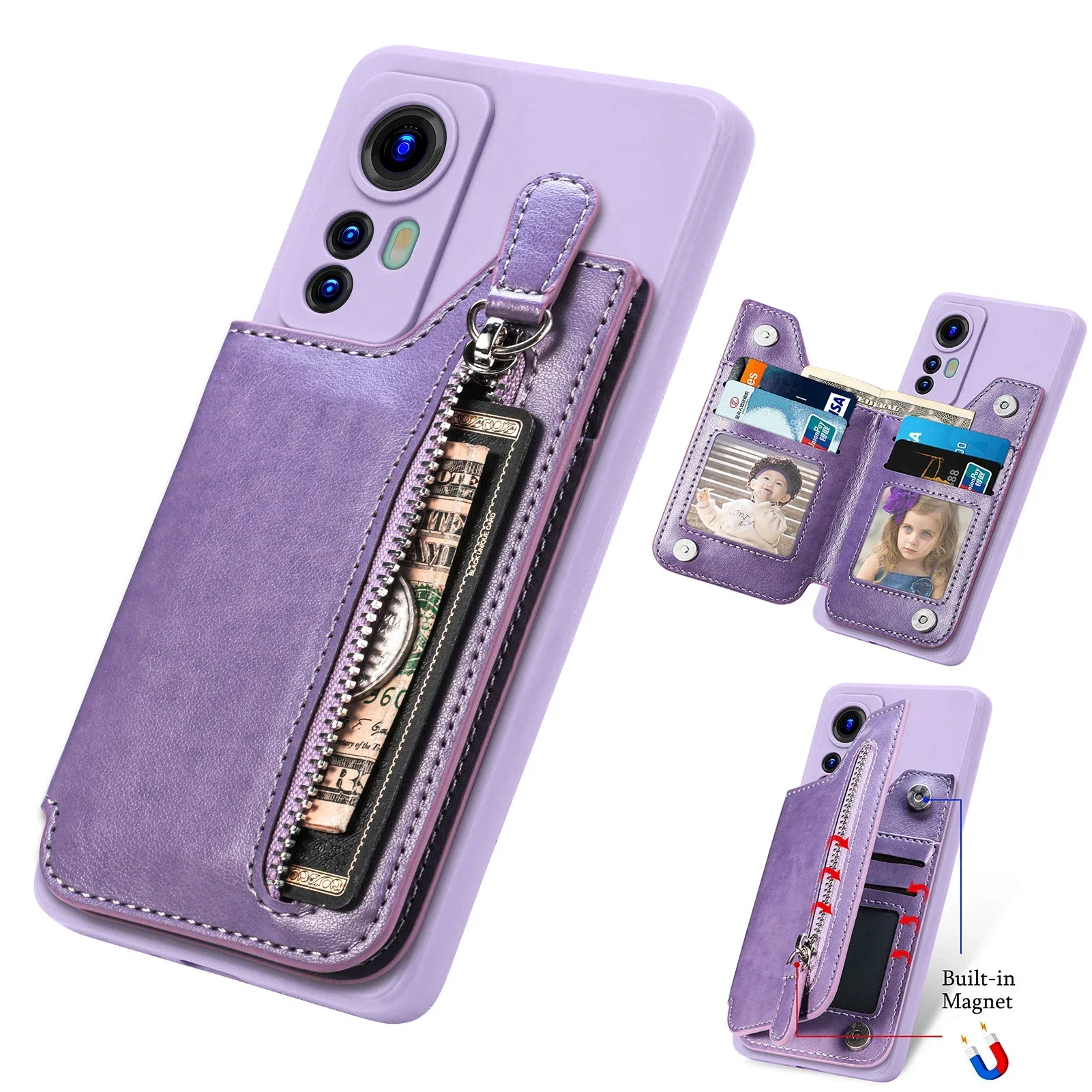 Zipper Wallet Leather Case with Magnetic Stand Cover