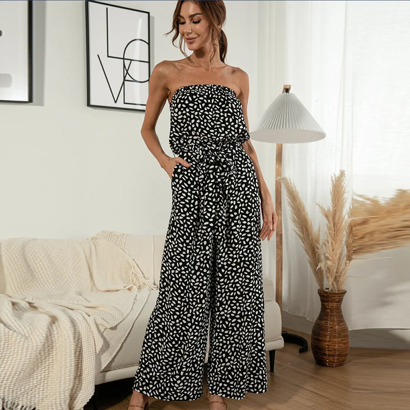 

Fashion 2023 S-XXL Summer Sexy Women's Jumpsuit Sleeveless Strapless Wide Leg Pants Heart Print Pocket Lace Up Design Jumpsuits
