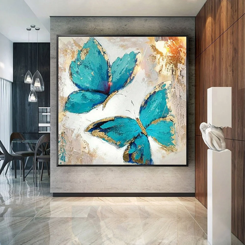 

100% Hand-Painted Abstract Adorable Butterfly Oil Painting On Canvas Pop Blue And Gold Wall Art Picture For Kids Room Home Decor