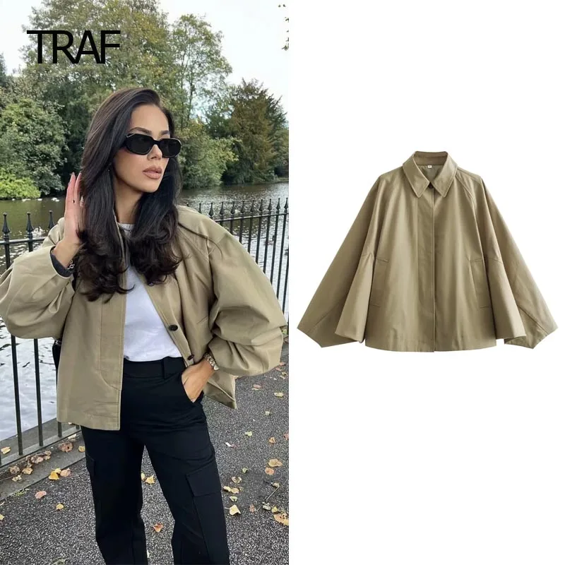 

TRAF Women's Trench Coat Autumn Crop Green Windbreaker Long Sleeve Loose Top New In Outerwears Demi-Season Korean Style Coats