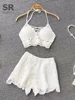 SINGREINY Knit Two Piece Sets Women Summer Vacation Backless Camisole Elastic Waist Shorts Hollow Out Y2K Beach Style Suits 2