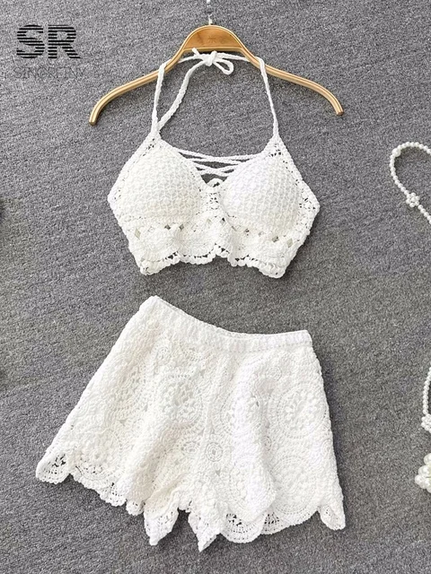 SINGREINY Knit Two Piece Sets Women Summer Vacation Backless Camisole Elastic Waist Shorts Hollow Out Y2K Beach Style Suits 2