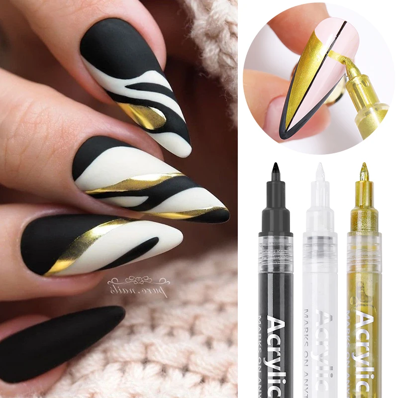 1 Pc Nail Art Graffiti Pen Black Gold Color UV Gel Polish Design Dot Painting Drawing Pen Liner Brush Nail DIY Flower Tools