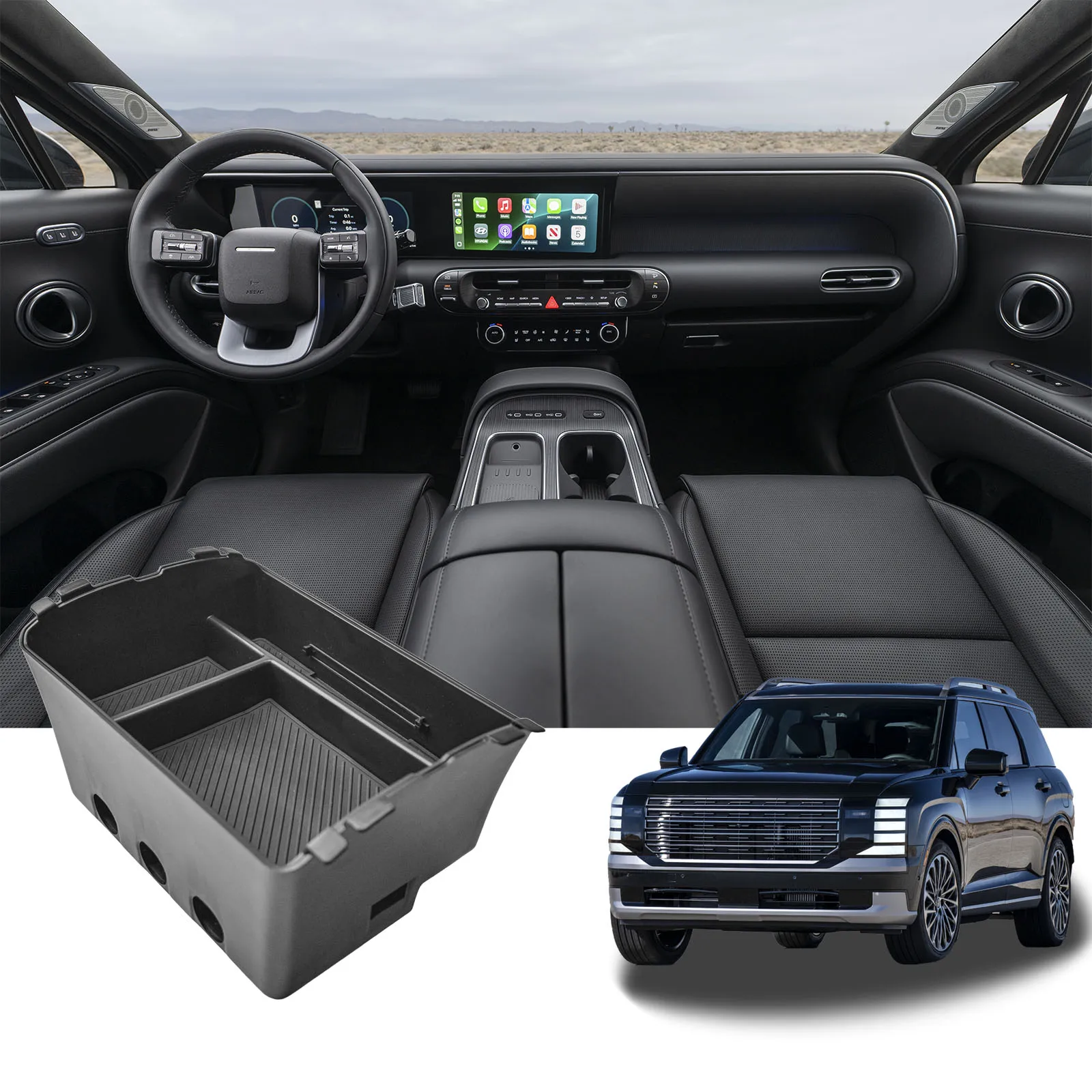 Center Console Organizer Tray For 2023-2025 Hyundai Palisade - Black ABS Storage Box With Coin Holder