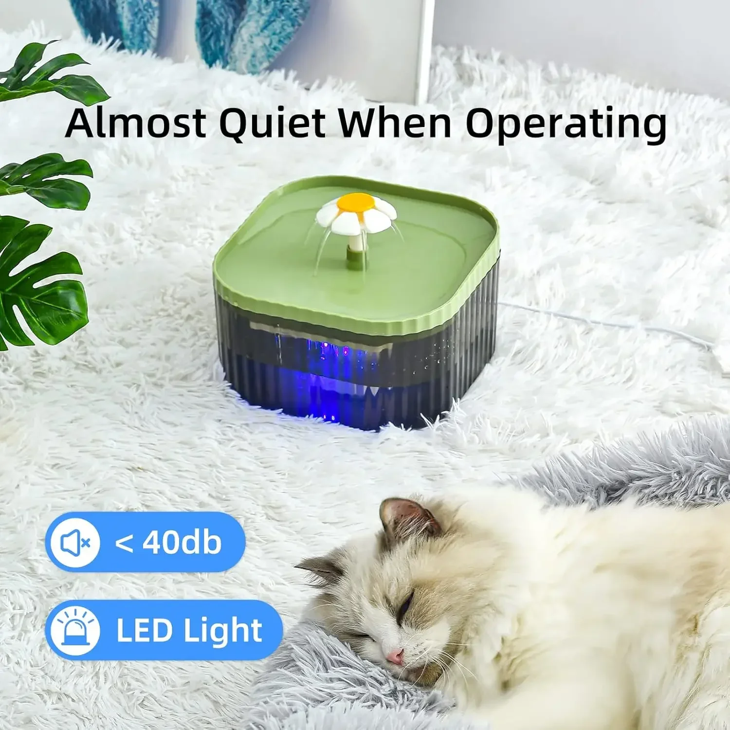 نافورة مياه للقطط سعة 2.5 لتر مع ضوء LED موزع مياه كهربائي فائق الهدوء للحيوانات الأليفة مع مرشحات بديلة نافورة قطط أوتوماتيكية