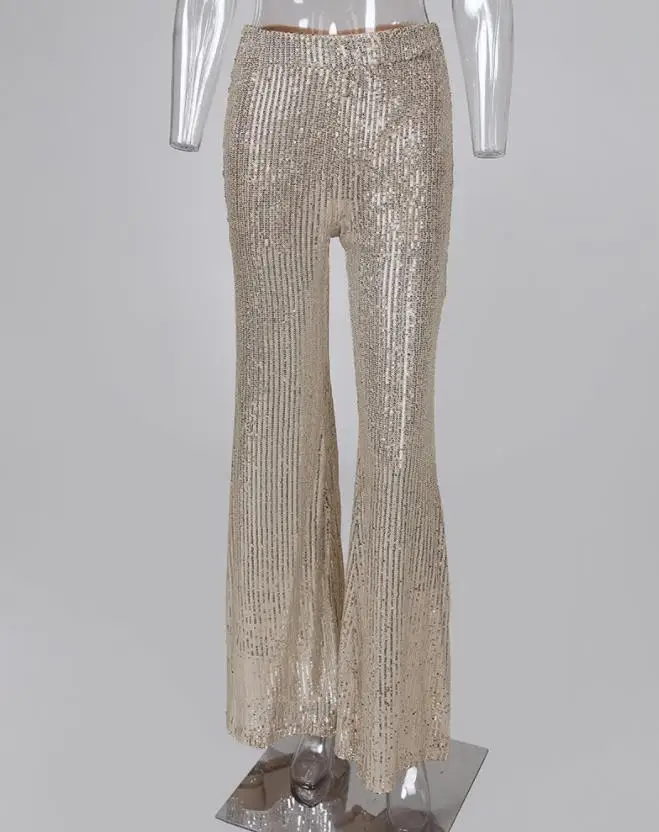 Women's Pants 2024 Spring Elegant Sequins High Waist Office Lady Plain Casual Youthful Woman Daily Bell Bottomed Long Pants