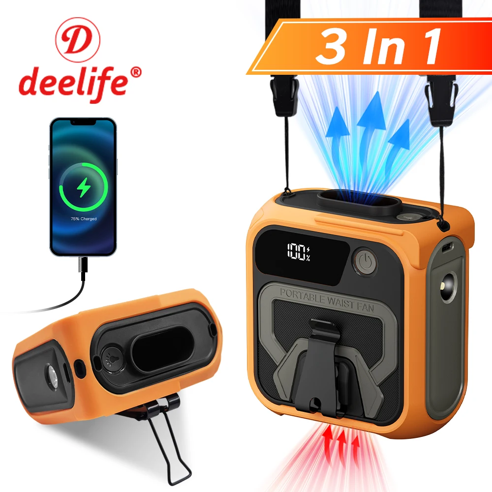 Deelife 10000mAh Wearable Fan Portable Mini Waist Fan 5 Speed USB Rechargeable Waist Clip Emergency Mobile Power for Outdoor