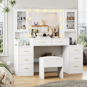 Large Vanity Desk with Mirror & Lights, White Makeup Vanity with Power Outlet and 8 Drawers, 2 Cabinets, Vanity Table with Light 1