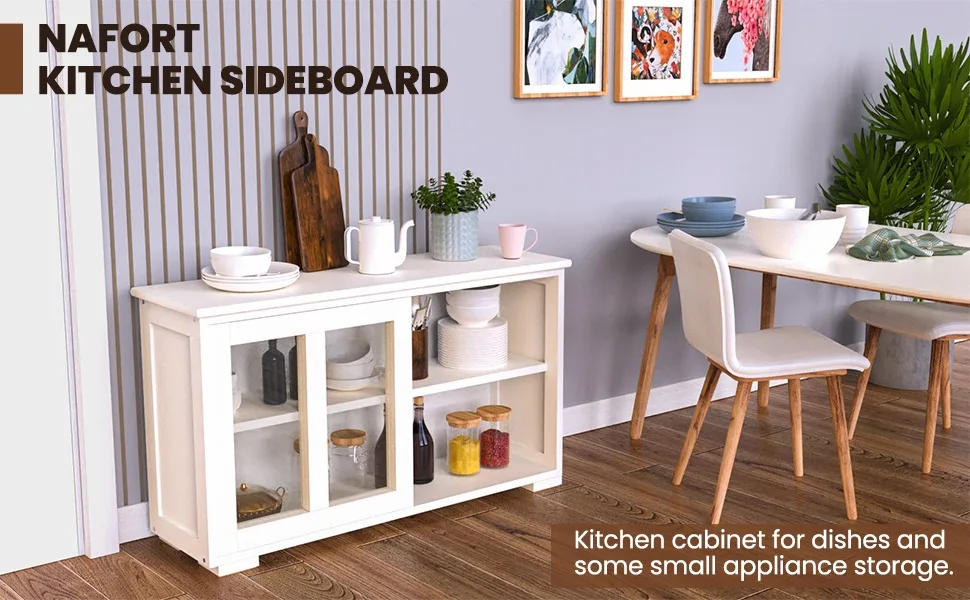 Kitchen Sideboard - Buffet Cabinet with Sliding Slat Doors, Modern Stackable Storage Cabinet
