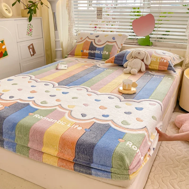 

Winter Warm Bed Sheet for Doube Bed Cartoon Style Flannel Fleece Mattress Cover Single/Queen/King Bed Fitted Sheet with Elastic