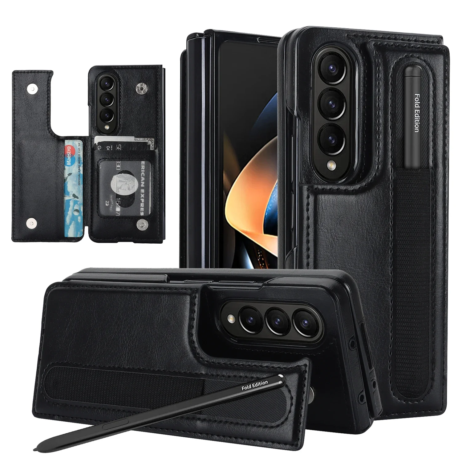 Elegant Leather Folding Card Bag Case with Pen Slot - Business Protection Stand Cover