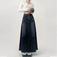 High-waisted Cargo Denim Skirt Women's Autumn Long A-line Mid-length Skirt  Retro Raw Edge Y2k Female Clothing Korean Style 1