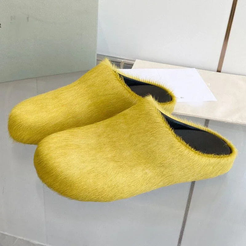 

Internet Celebrity Casual Couple Flat Bottomed Horsehair Slippers Candy Colored Fashionable Outdoor Plush Half Slippers Size 43