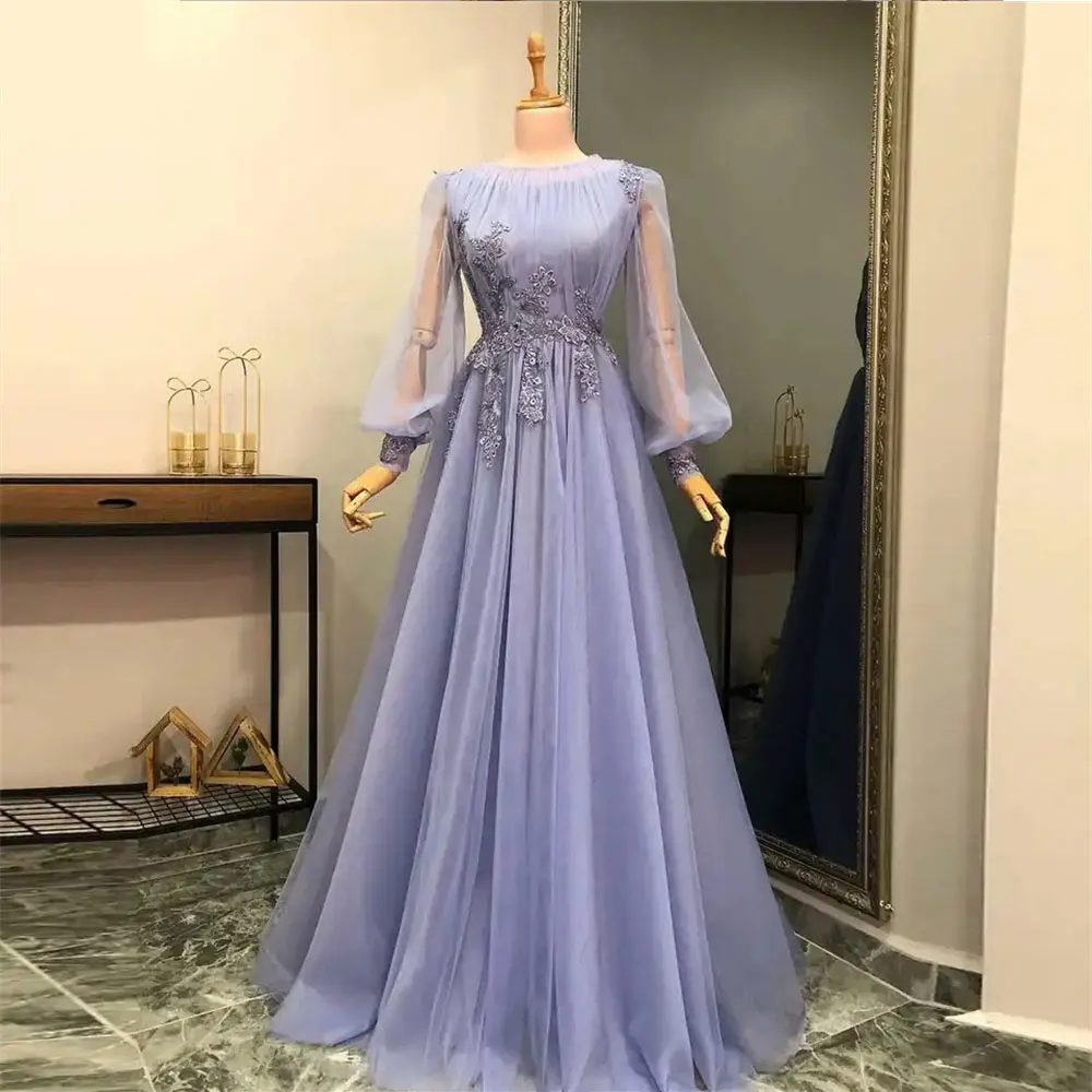 

Muslim Evening Dresses For Women Chiffon Long Sleeve abendkleider Beaded Moroccan Caftan Muslim Prom Gowns Applique Robe Vestido