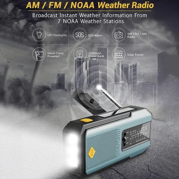 Emergency Hand Crank Radio 2000mAh Power Bank Phone Charger AM/FM/WB NOAA Portable Weather Radio SOS Alarm for Emergency Camping 2