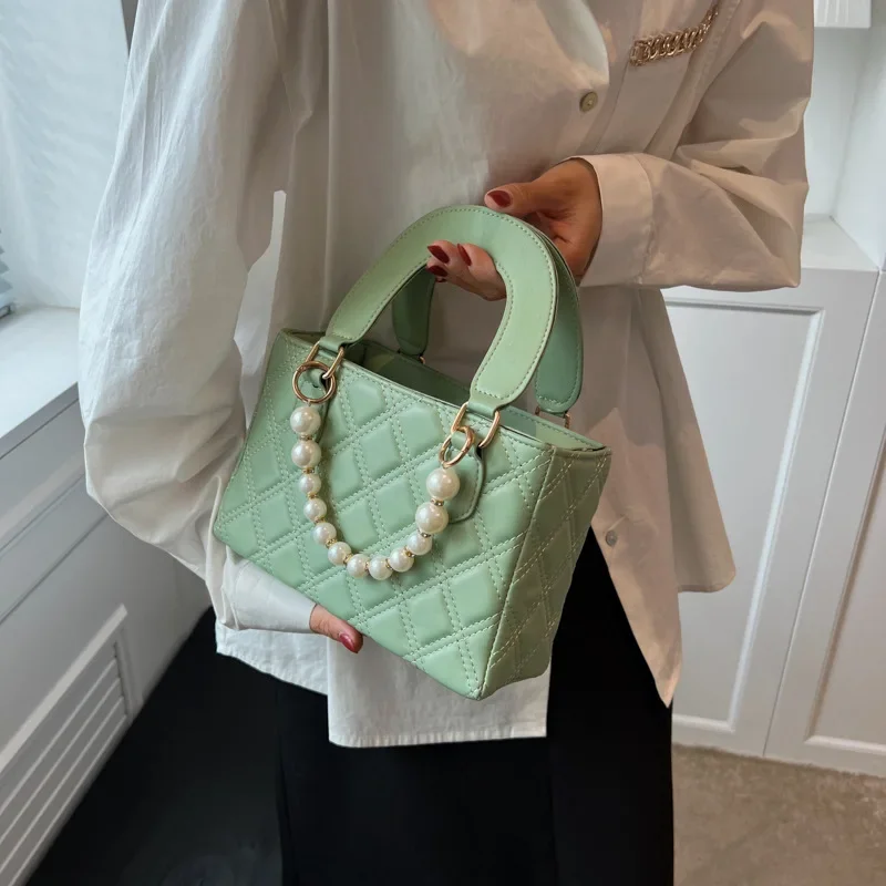 Women's 2023 Trend Leather Chain Shoulder Crossbody Bag with Pearl Handle Portable Chocolate Grid Solid Color Small_voghion.com