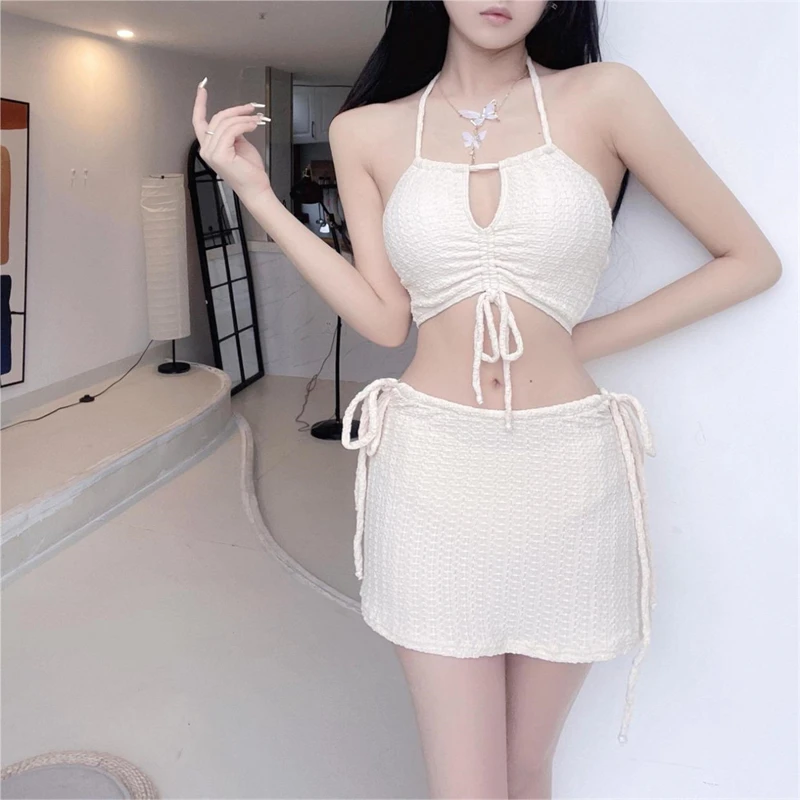 

2023 New Halter High Waist Two Pieces Swimsuit Women Korean Hollow Out Sexy Slim Female Swimwear Skirt Solid Color Beachwear