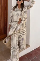 Printed Shirts Two Piece Set Women Long Sleeve Lapel Shirts High Waist Wide Leg Pants Suit For Women Home Wear Outfits Clothing - Image 2