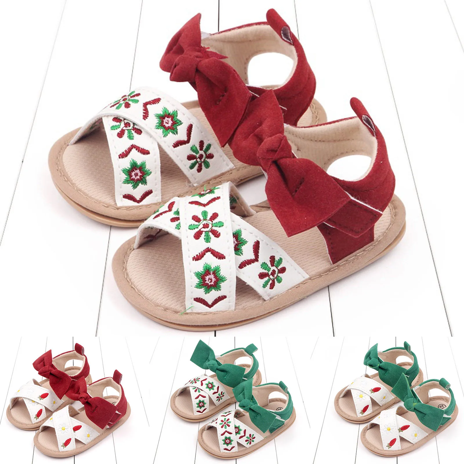 

0-18M Baby Girls Newborn Baby Bow Sandals Summer Sandals Non-Slip Floral Embroidered Flats Newborn First Walkers Crib Shoes