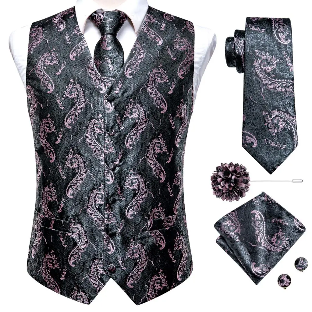 Dress Vests Silk Mens Vests Pink Gray Floral Waistcoat Tie Hanky Cufflinks Brooch Set for Men Suit Wedding Office Gift