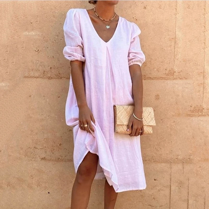 

Female Dress 2023 New V-neck Half Sleeve Solid Loose Simplicity Fashion Elegant Casual Pleated Design Women Spring Summer Dress