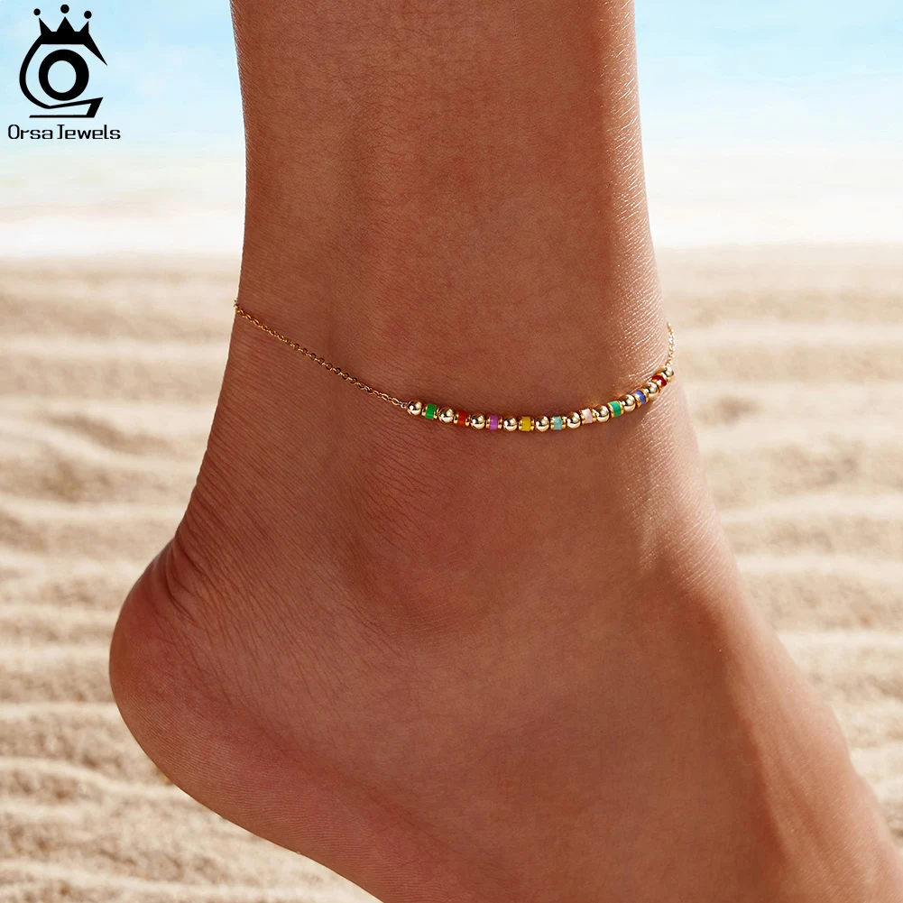 ORSA JEWELS 14K Gold Colourful Round Beads Anklet for Women 925 Sterling Silver 1mm Cable Link Chain Foot Bracelet Anklets SA94