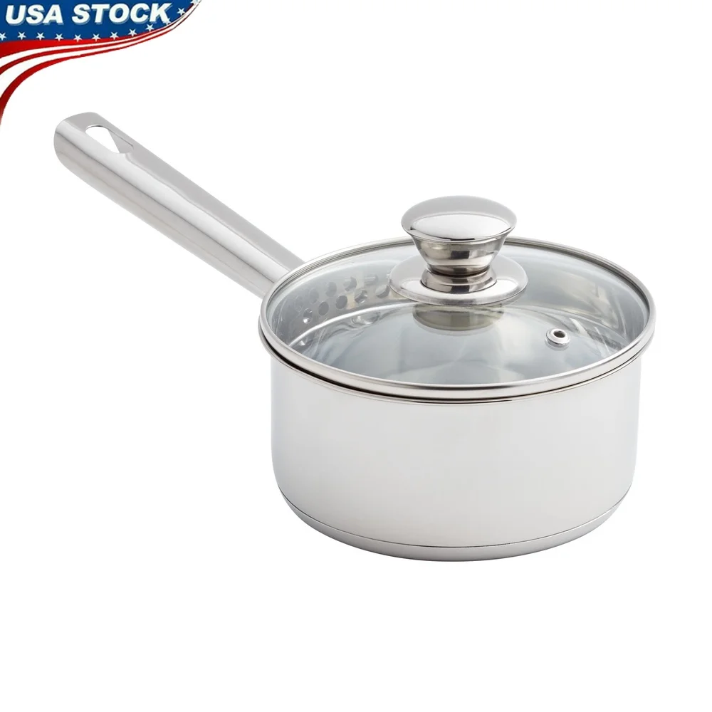 stainless steel saucepan with straining lid