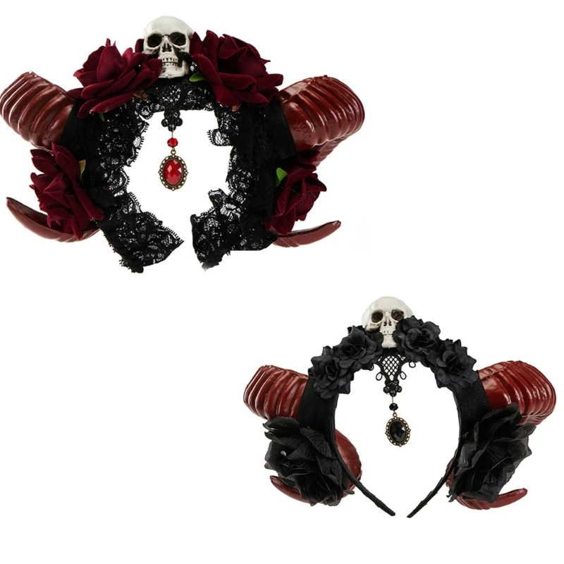 

Handmade Rose Headbands Dark Lace Gothic Headwear Horn Carnivals Party Toy