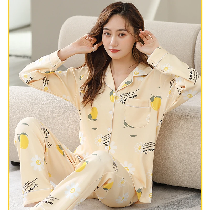 Spring Pajamas Women Fashion Faux Silk Sleepwear Sets Soft Smooth Clothes
