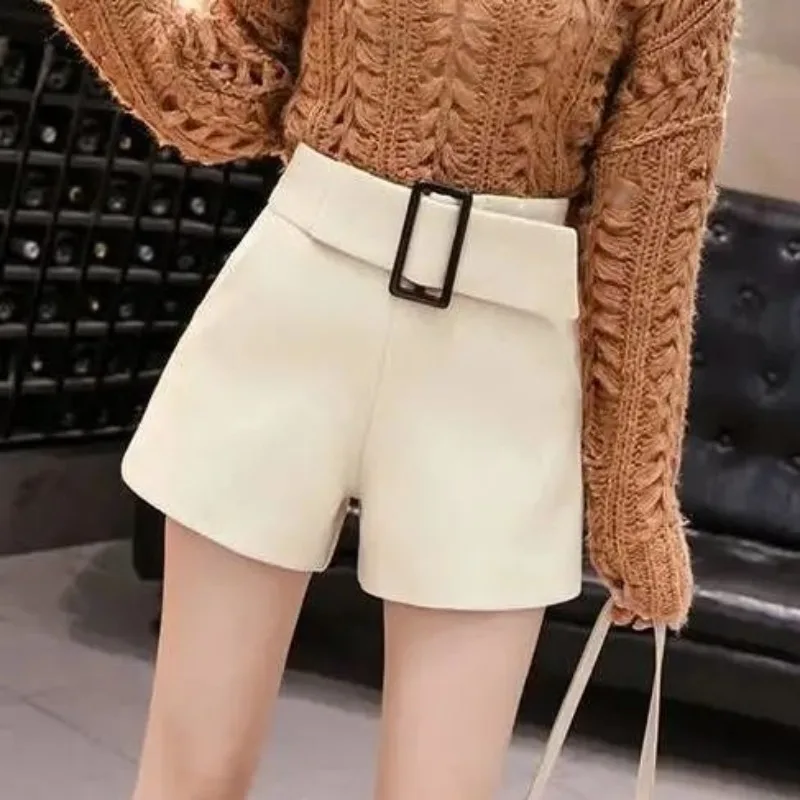 Women's High Waisted Elastic Woolen Autumn Winter 2024 New Solid Color Sashes Button Wide Leg Pants Loose Pockets Casual Shorts