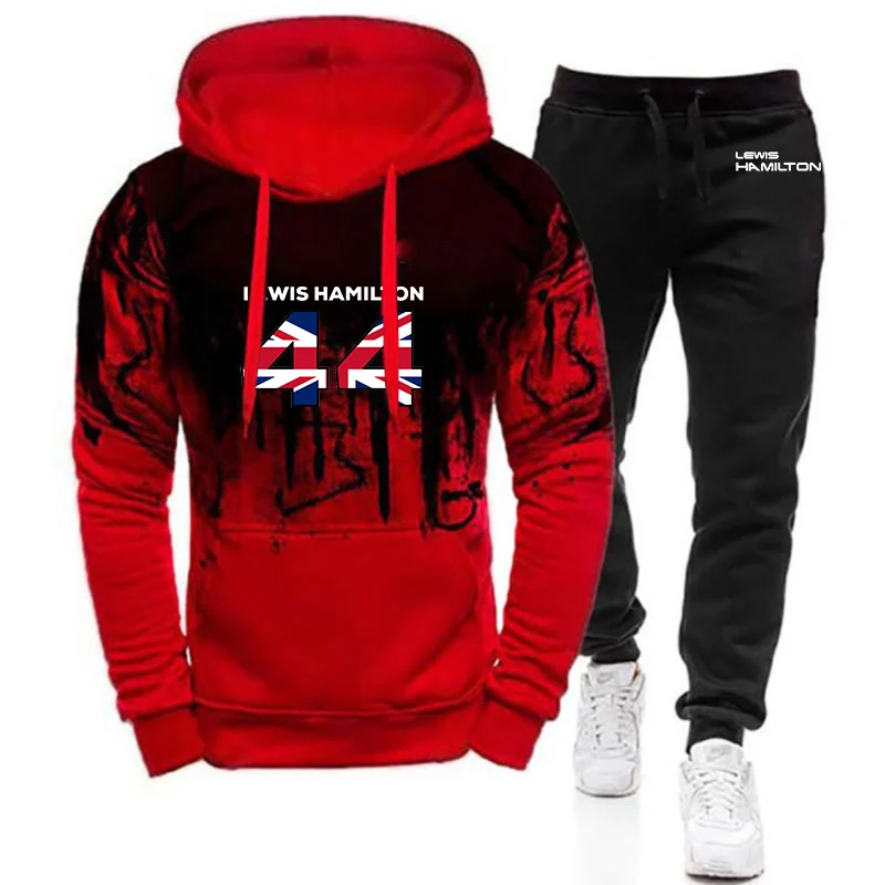 New F1 drivers in autumn and winter lewis hamilton number 44 logo printing gradient hoodie+sweatpants suit.