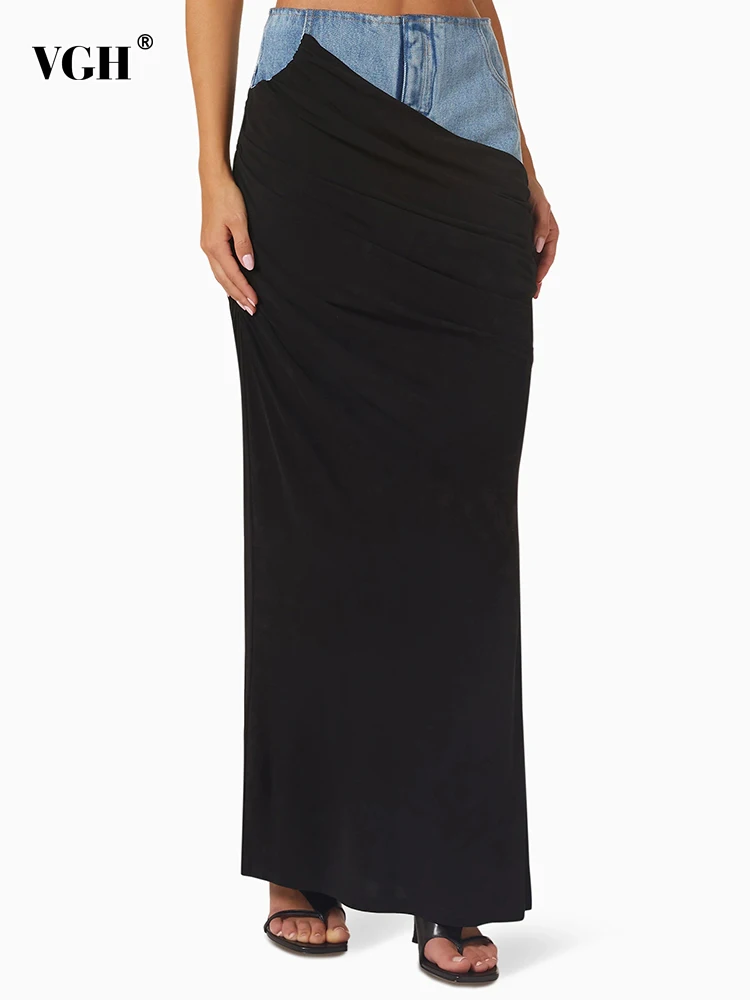 

VGH Patchwork Denim Casual A Line Skirts For Women High Waist Folds Spliced Pockets Temperament Skirt Female Fashion Clothing