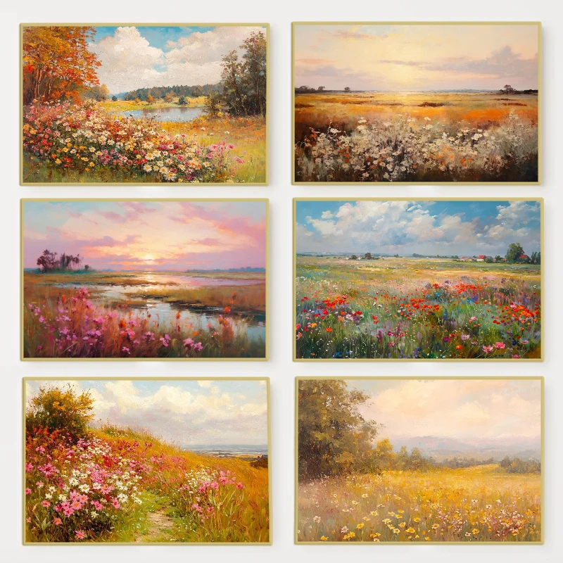 Moody Autumn Wildflower Landscape Canvas Print – Vintage Rustic Country Scenery Wall Art Decor