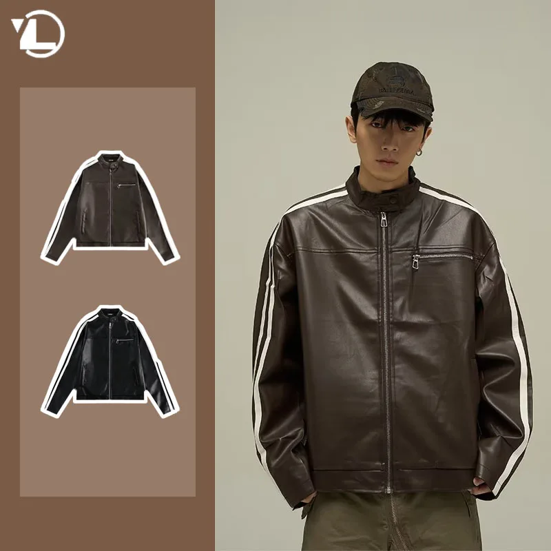 

Spring Motorcycle PU Leather Jacket Mens New Stripe Punk Bomber Coats Loose Stand Collar Zipper Pocket High Street Outwear Y2K