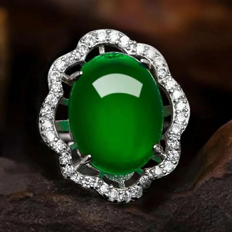 

Natural Green Chalcedony Hand Carved Water Drop Jade Ring Fashion Boutique Jewelry Women's Agate Bead Ring Opening Adjustable