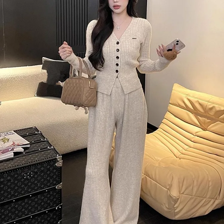 Korean Style Women's Knitted Cardigan Top+pants Set 2024 Spring New V-neck Cardigan+loose Wide Leg Pants Two-piece Set Y2k