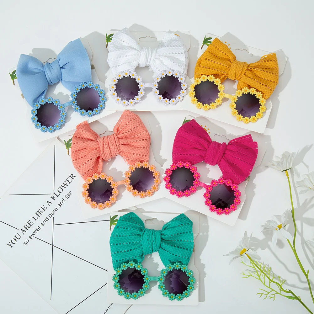 2Pcs/Card Daisy Baby Sunglasses Eyelet Bow Headband Set Elastic Nylon Hair Bands Seaside Sun Glasses Kids Headwear hair bands