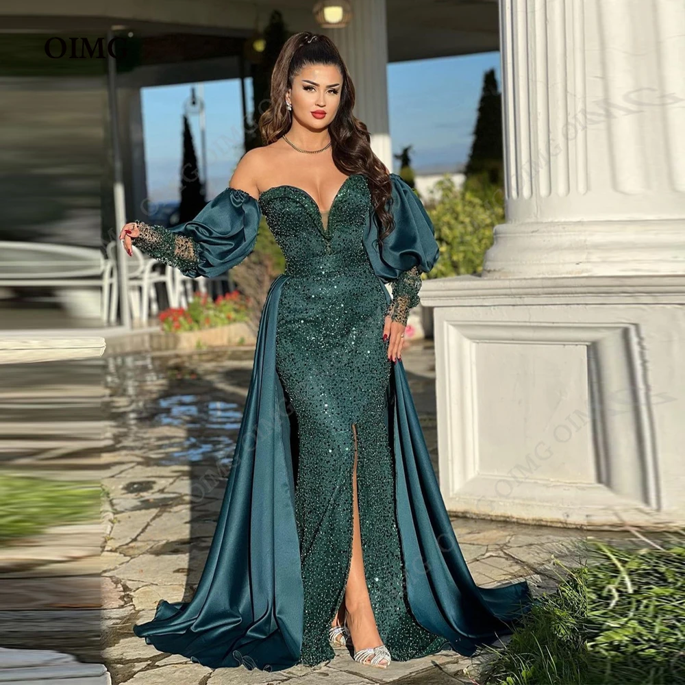 

OIMG Dark Green Shiny Evening Dresses Detachable Train Sleeves Satin Beaded Side Slit Arabic Party Prom Gown Vestidos De Noche