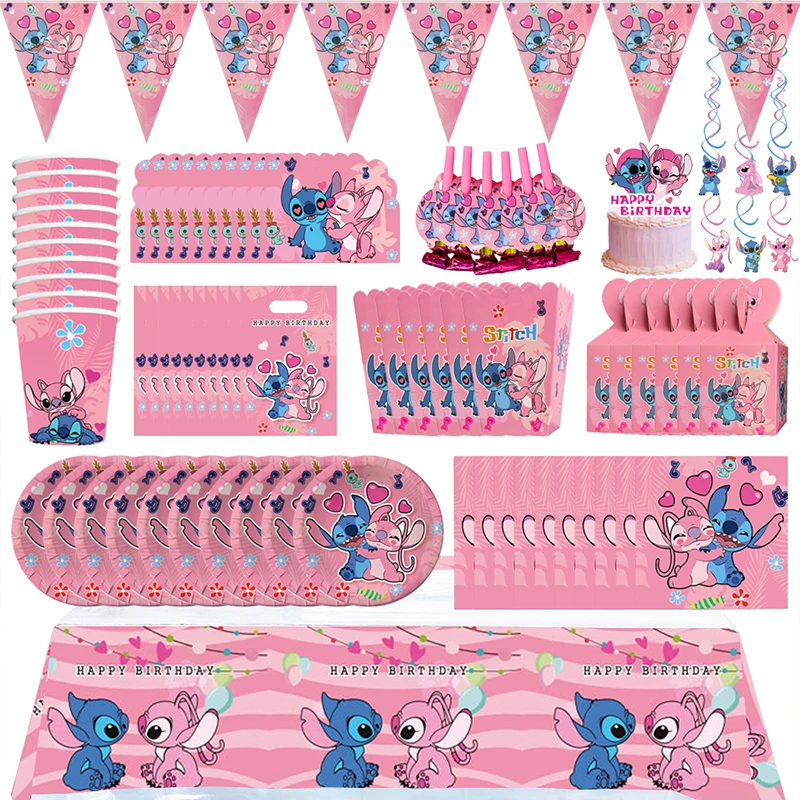 Disney Cartoon rosa Stich Geburtstags feier dekorative Einweg geschirr Set Hintergrund Ballon Baby Dusche Geschenk