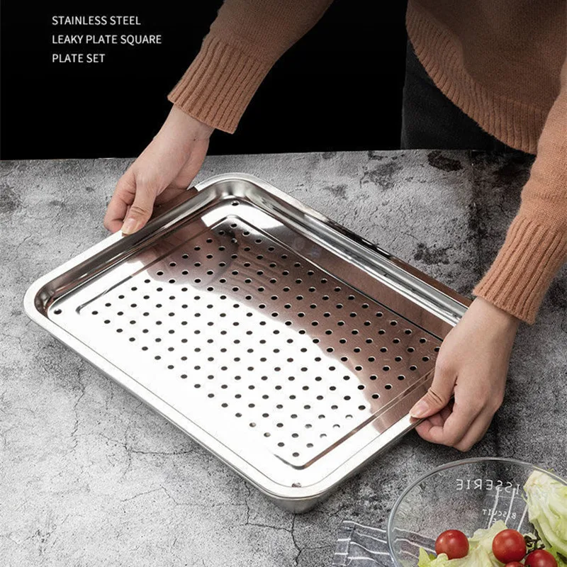 2PCS Stainless Steel Kitchen Storage Tray Set Food Drain Dry Dish Barbecue Hollow Filter Oil Plate Home Teahouse Tea Cup Trays 4