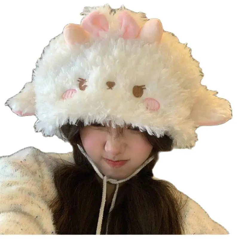 

Cute Winter Plush Hat Cartoon Lamb Ear Hat Female Korean Version of Sweet Cap Face Small Warm Girl Caps Winter Clothes Women