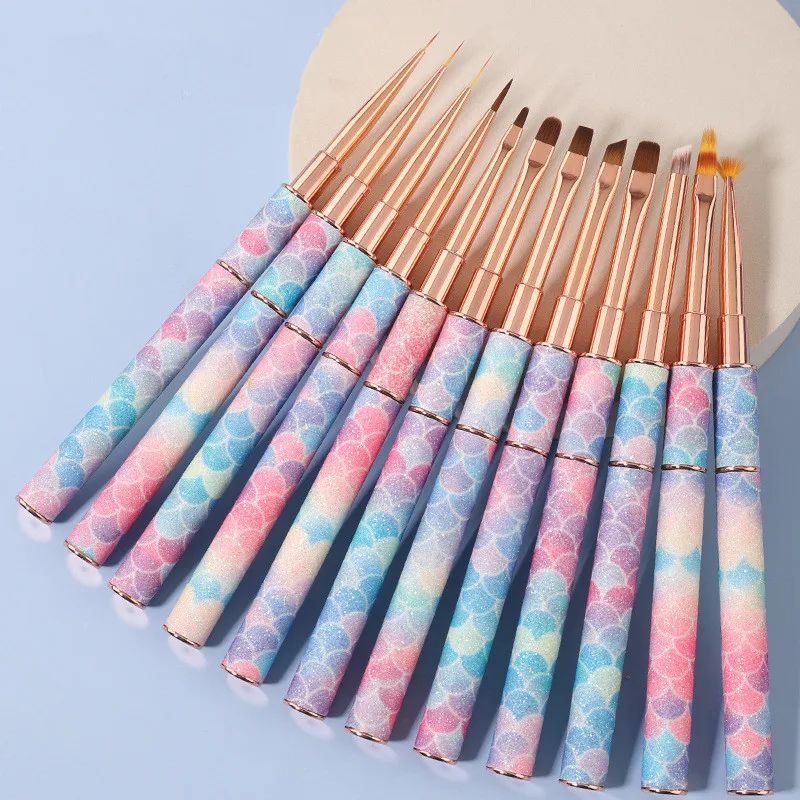 12 Style Mermaid Honeycomb Handle Nail Art Acrylic UV Gel Extension Brush Flower Design Drawing Painting Pen Manicure Set 2