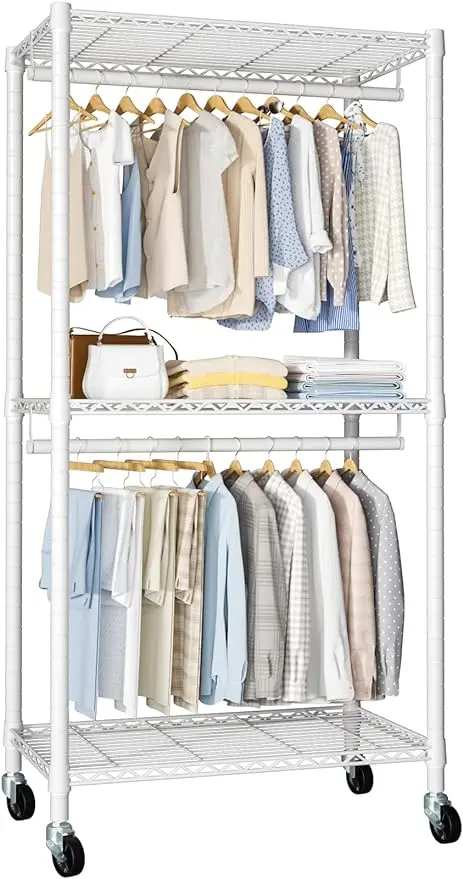 

Portable wardrobe, rolling hanger, 3-layer metal wardrobe system, clothing organizer and 2 lockable casters for storage