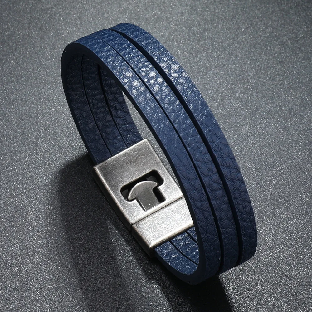 Leather Men Bracelet 3 Layers Hiphop Rock Style