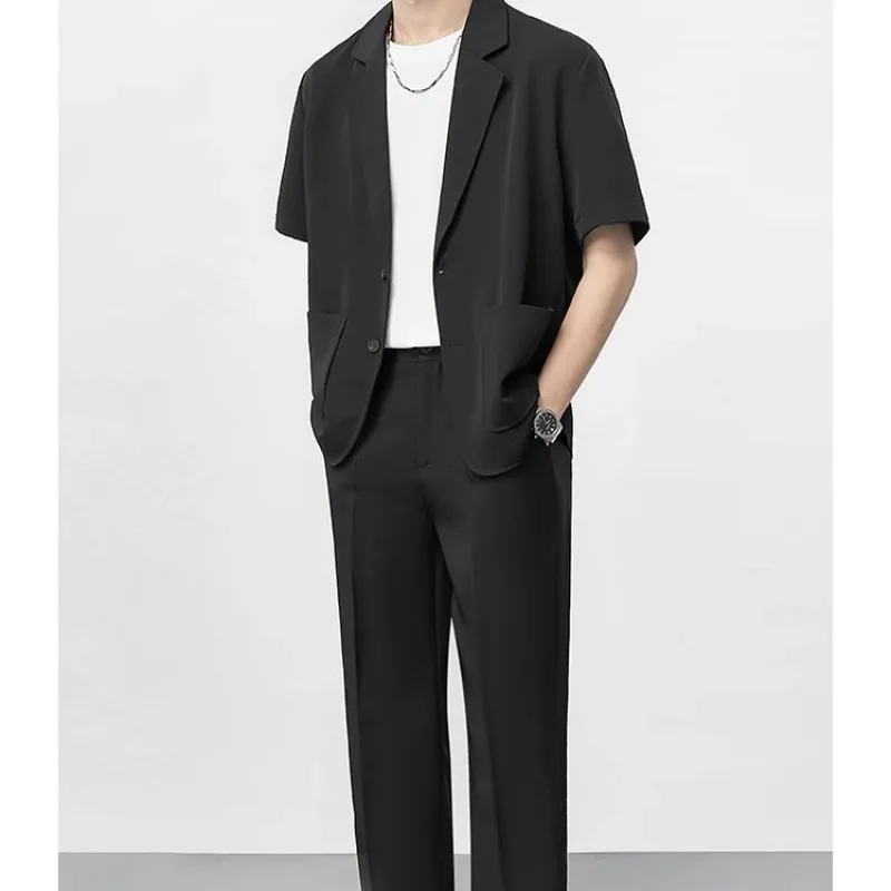 Business Casual Summer New Men's Solid Color Short Sleeve Notched Button Patchwork Pockets Classic Loose Blazer Pants Sets