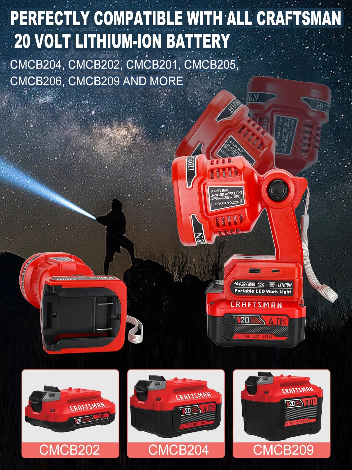 Portable Flashlight for Craftsman V20 Battery 1120LM LED Work Light Cordless Floodlight with USB-A/C Ports Spotlight for Camping