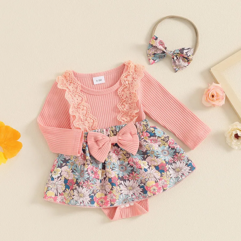 

Baby Girls Fall Bodysuit Dress Long Sleeve Floral Print Ribbed Patchwork Jumpsuit with Bow Headband