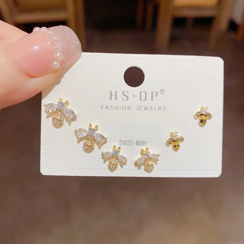 6Pcs/set Bee Animal Zircon Earring Sets for Women Exquisite Fashion Gold Color Stud Earrings Grils Birthday Gifts
