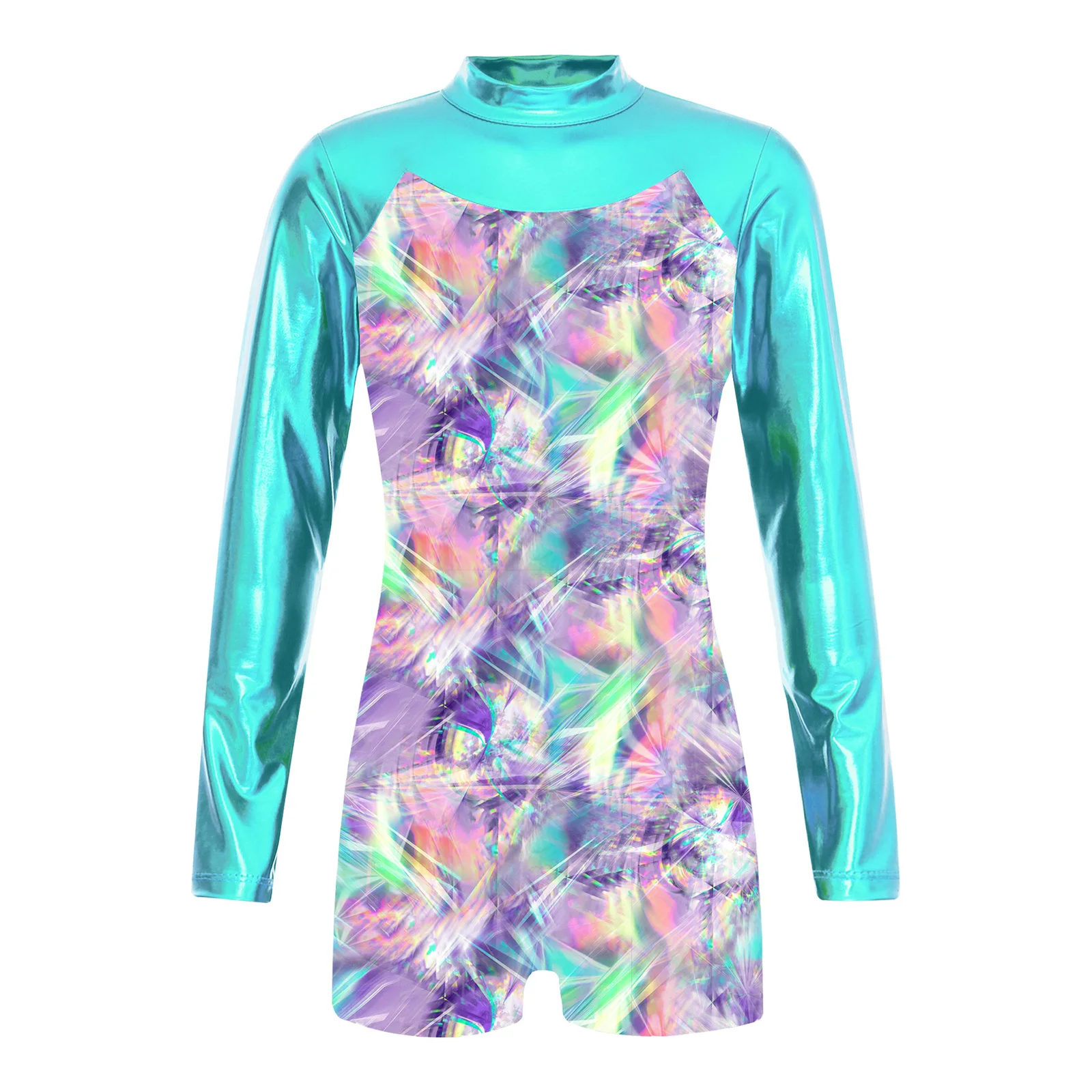 Girls One-piece Sport Bodysuit Long Sleeve Keyhole Back Metallic Pu Patchwork Boyleg Dance Leotard Gymnastic Athletic Jumpsuit