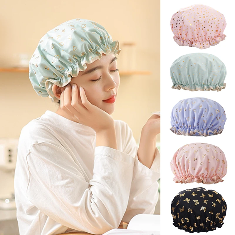 

1PC Waterproof Shower Cap Double Layer Shower Hair Cover Bath Cap Man Women Supplies Shampoo Caps Bath Hat For Kitchen Bathroom